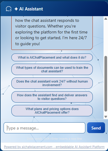 The chat panel answering a visitor's question about service areas and opening hours